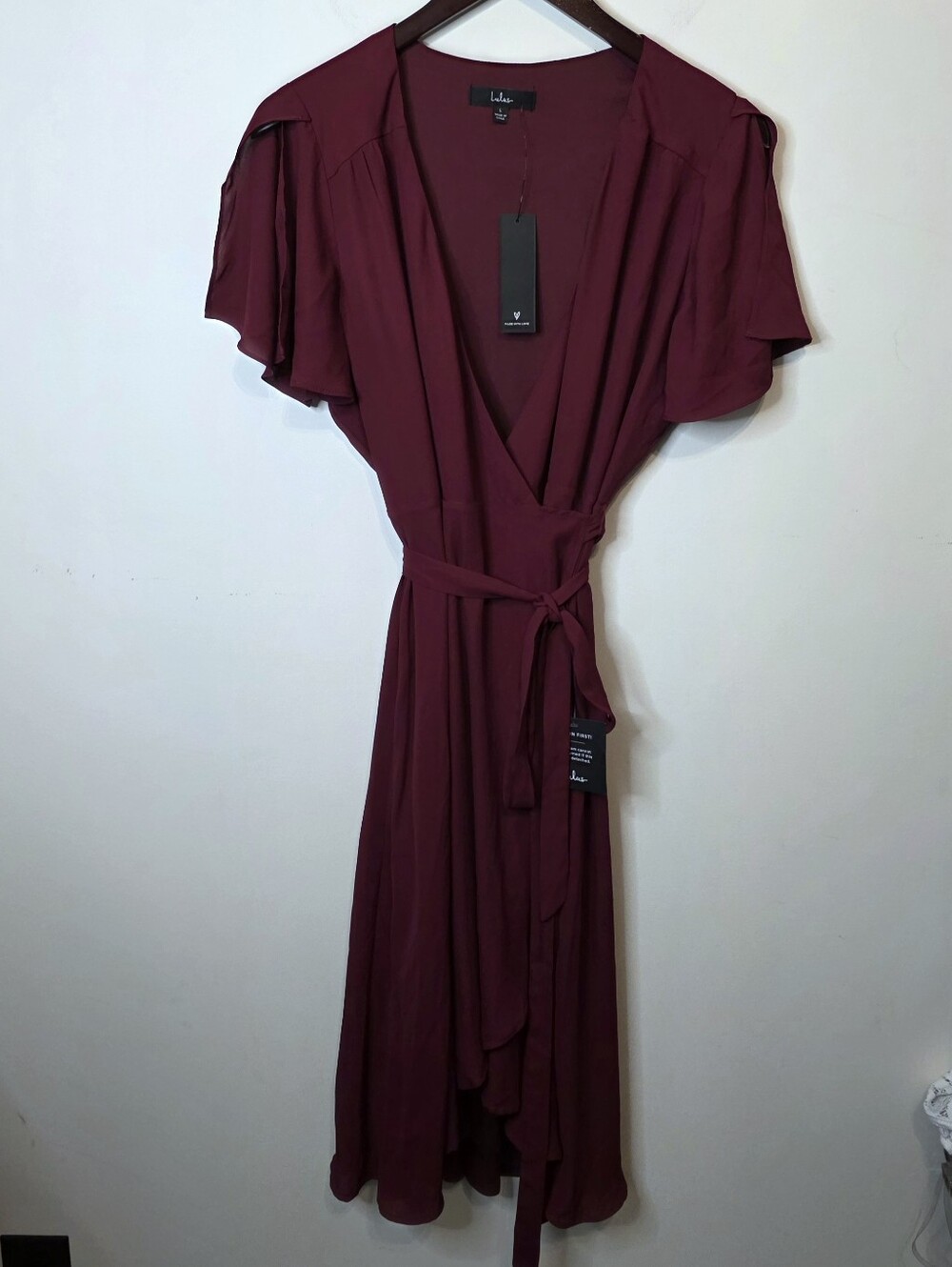 Lulu's Rise to the Occasion Burgundy Midi Wrap Dress Size Large